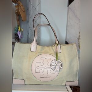 Tory Burch Beige and Pink Large Canvas Tote